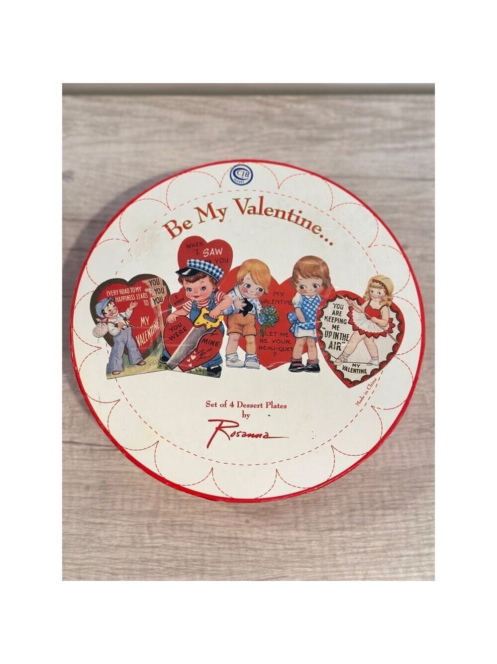 Vintage Rosanna Valentine Dessert Plates Set 4 Red Rim Retro Heart Design 8 in